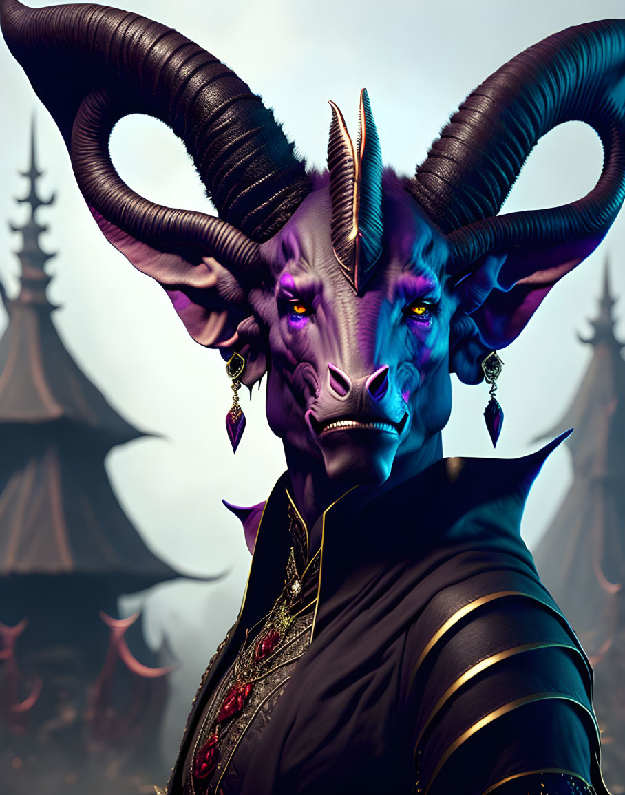 Fantasy creature portrait with horns and purple skin in ornate outfit against Asian-inspired backdrop