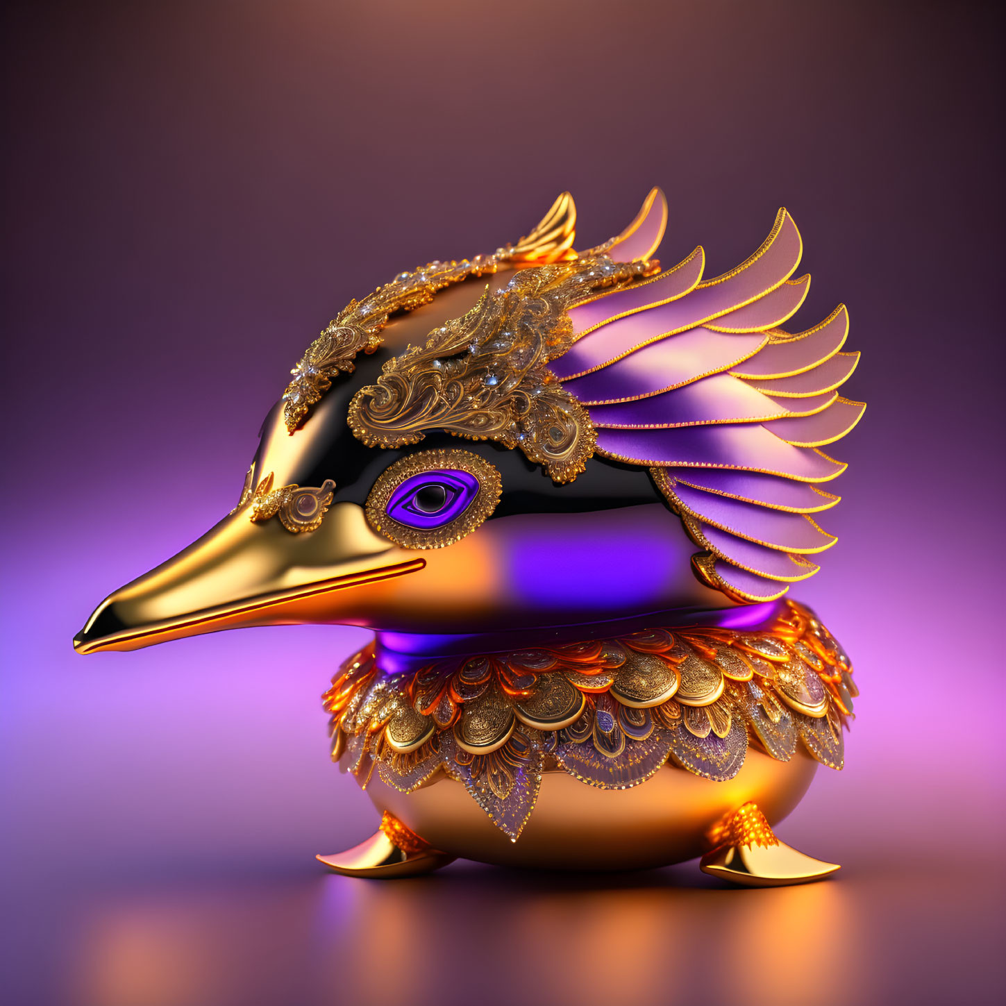 Golden ornate duck sculpture with intricate jewelry on purple background