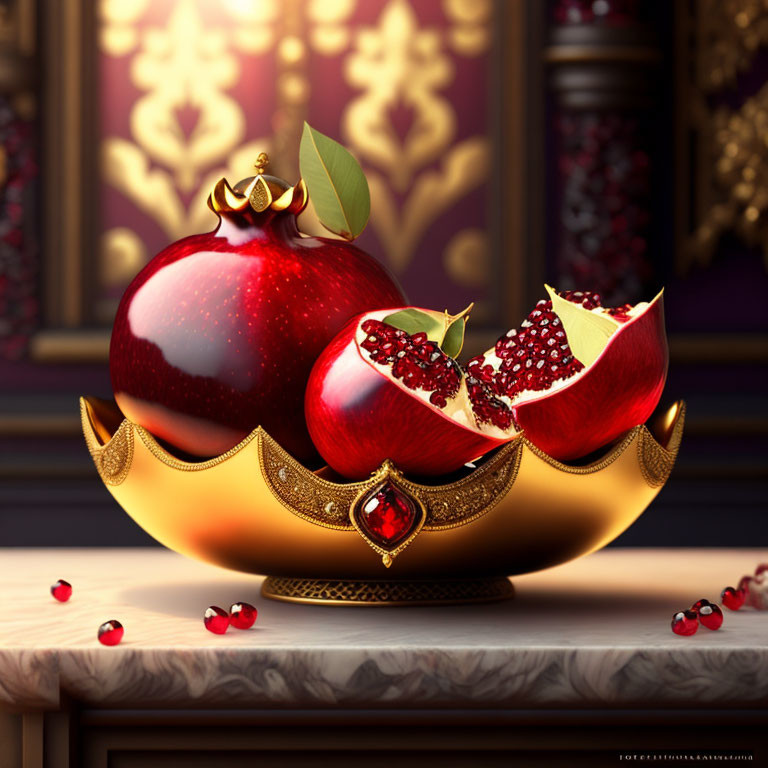 Golden crown on sliced pomegranate with seeds on table, purple background