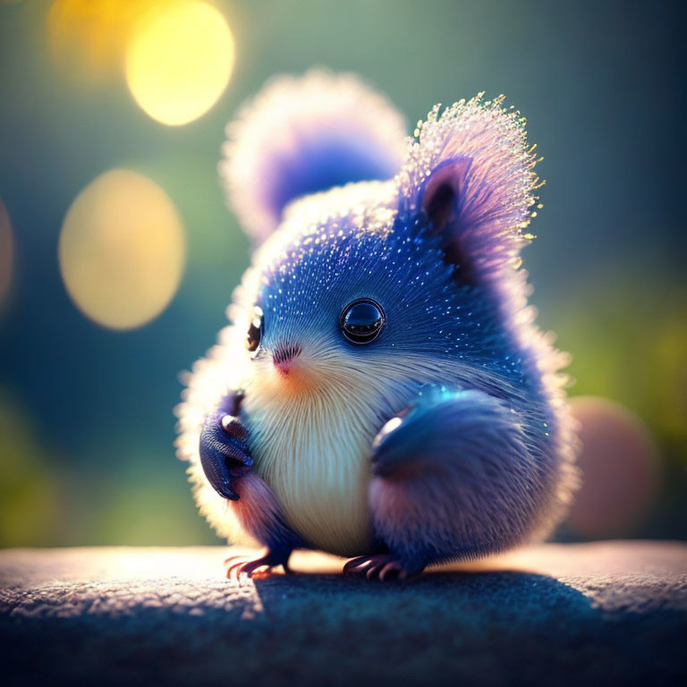 Digitally enhanced image of a tiny blue squirrel in golden sunlight