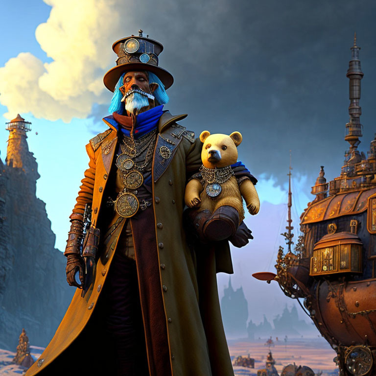 Bearded character in top hat with teddy bear in steampunk setting