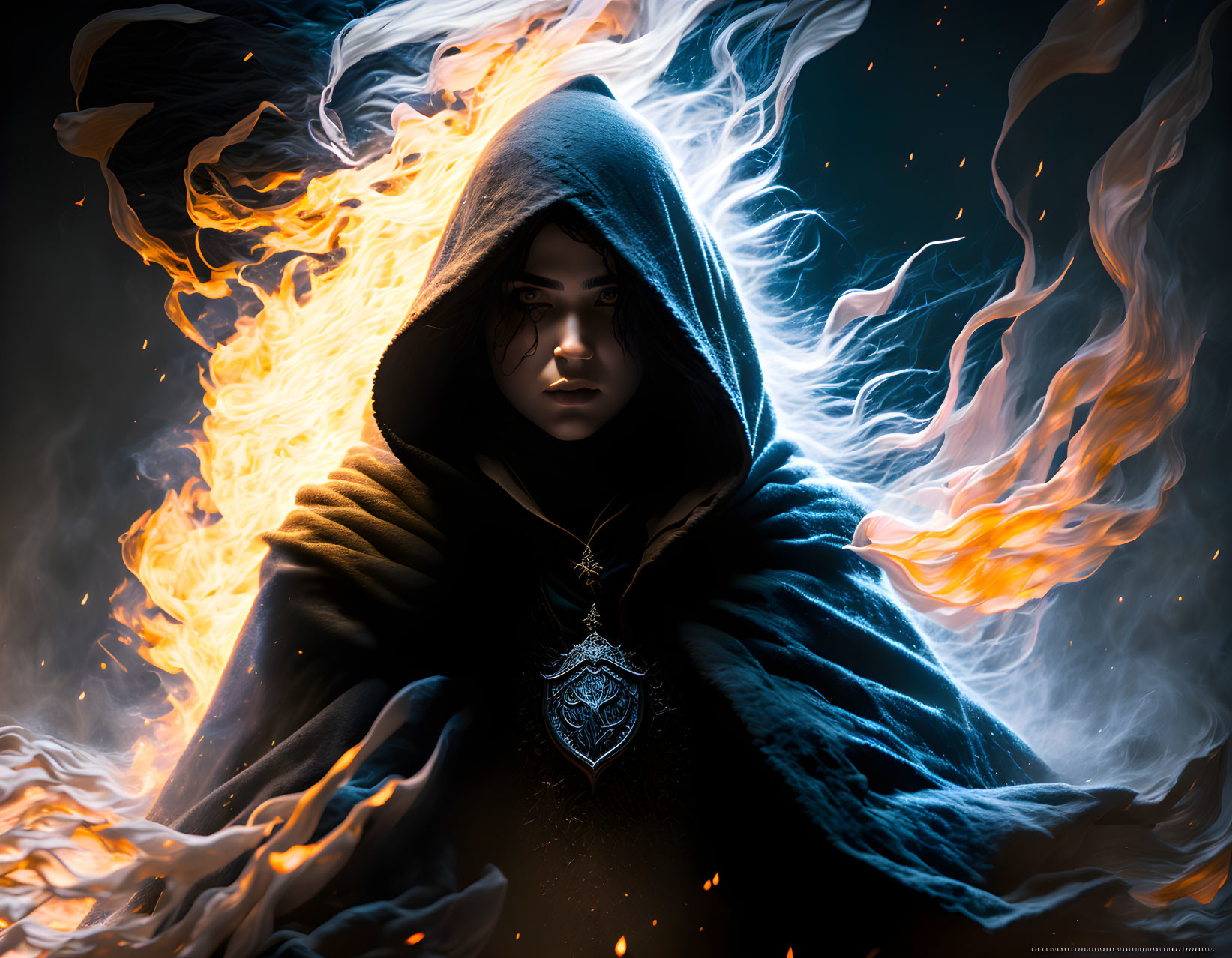 Hooded figure with intense eyes in mystical setting.