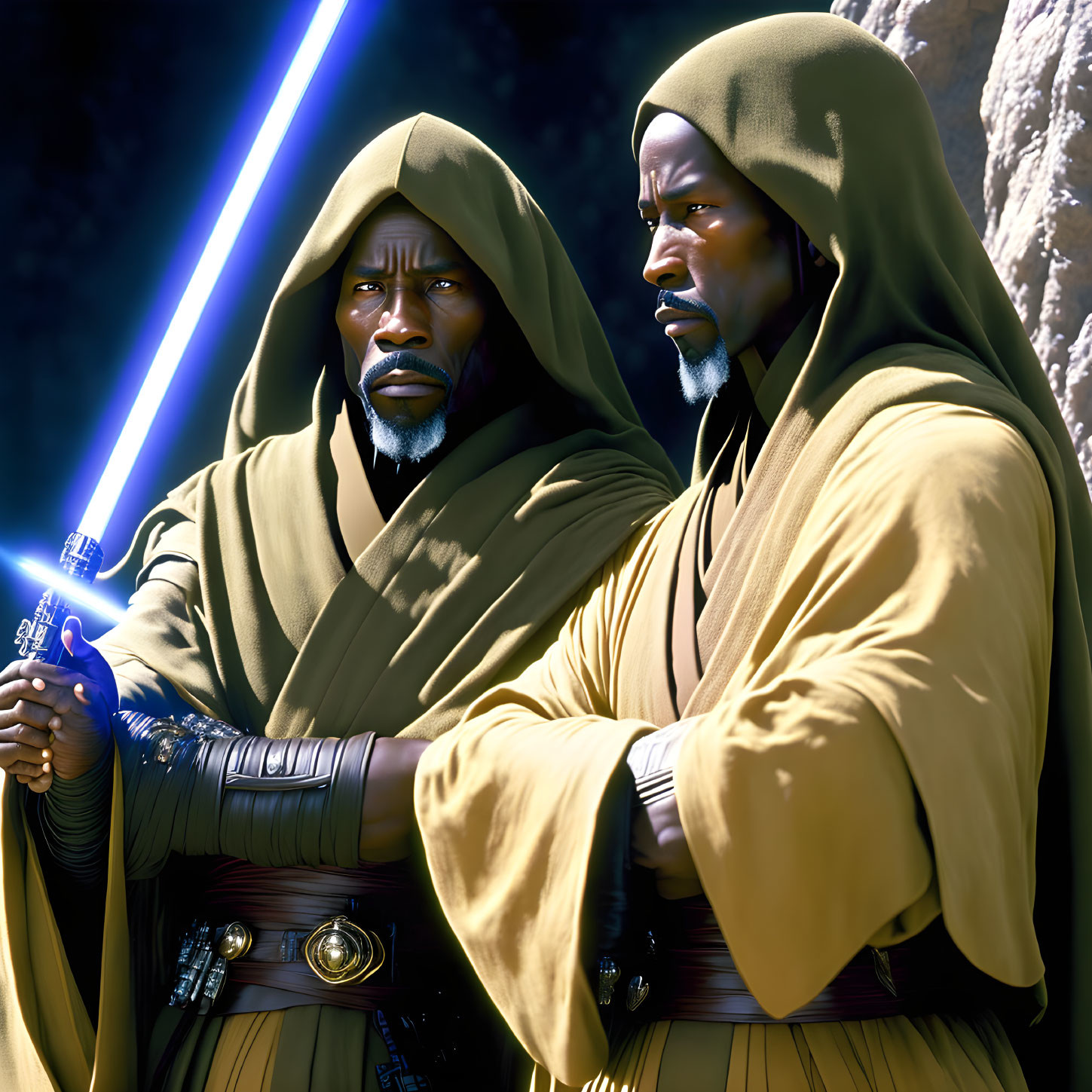 Two figures in brown robes with blue lightsabers in a rocky setting