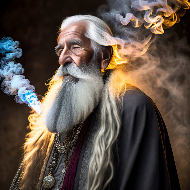 Elderly man exhales colorful smoke in cloak and necklaces