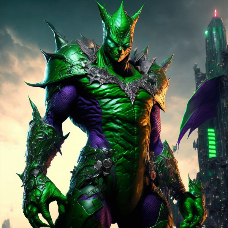 Armored figure with green dragon scales and wings in city skyline at dusk