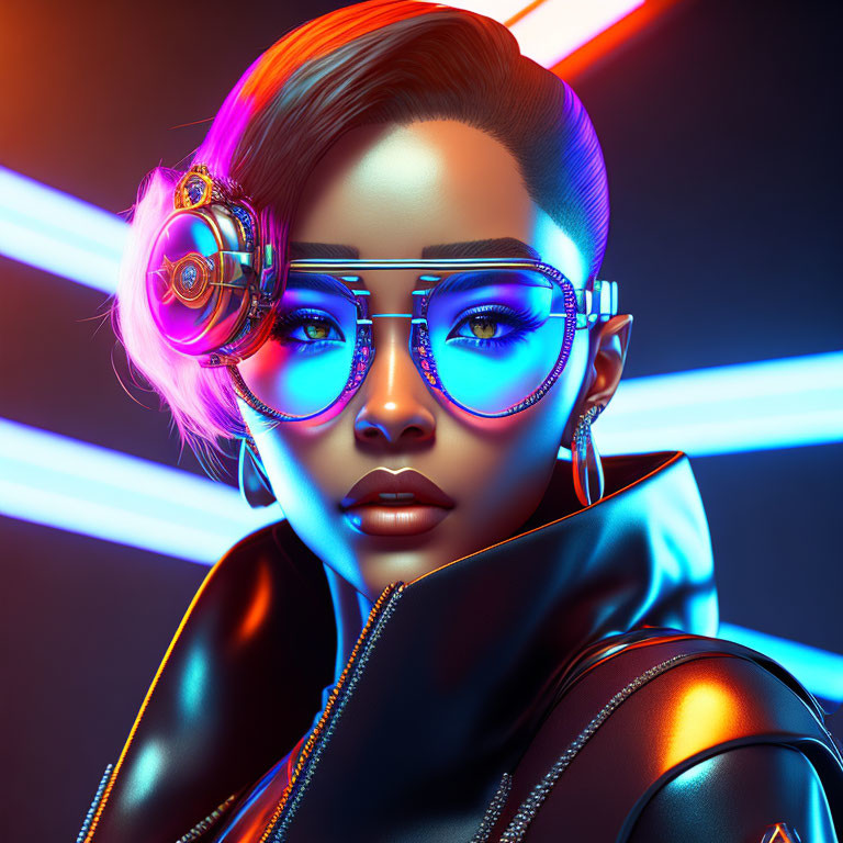 Futuristic digital portrait of a woman with neon headphones and glasses