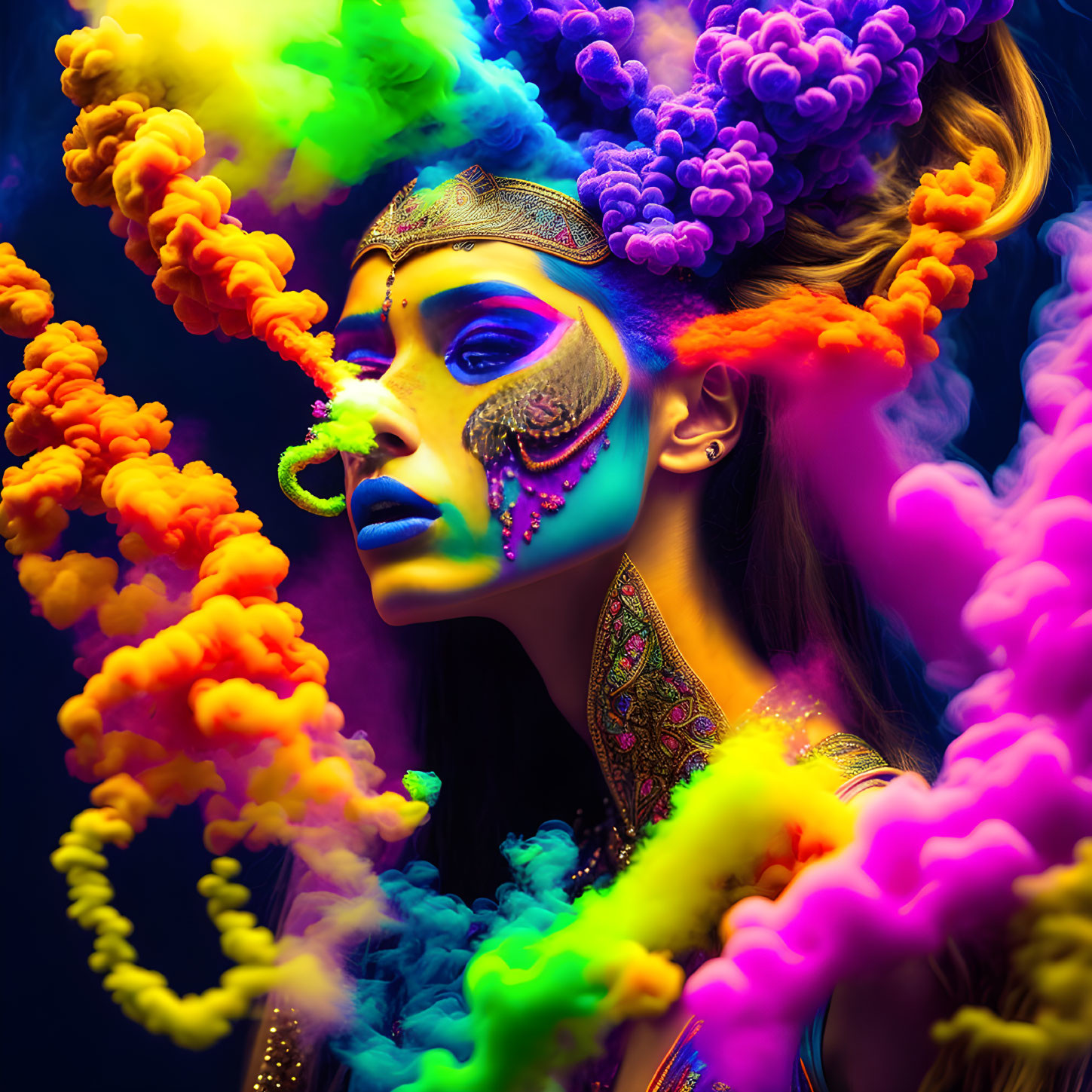 Colorful Woman Portrait with Elaborate Makeup and Headdress in Neon Smoke