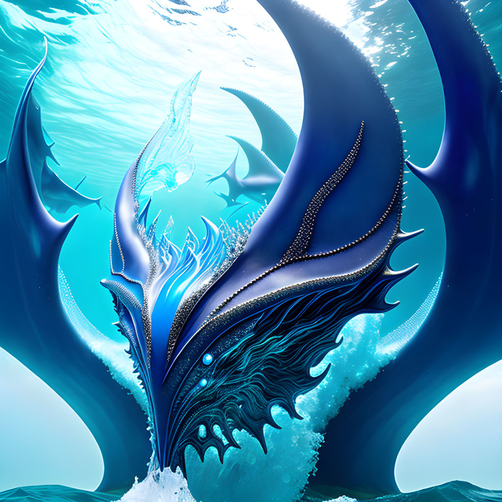 Mythical sea creature with large blue fins in icy ocean.