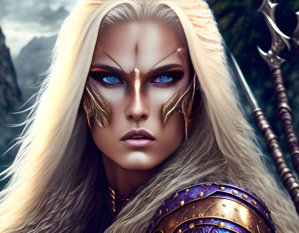 Female warrior with blue eyes, blonde hair, red markings, and golden armor