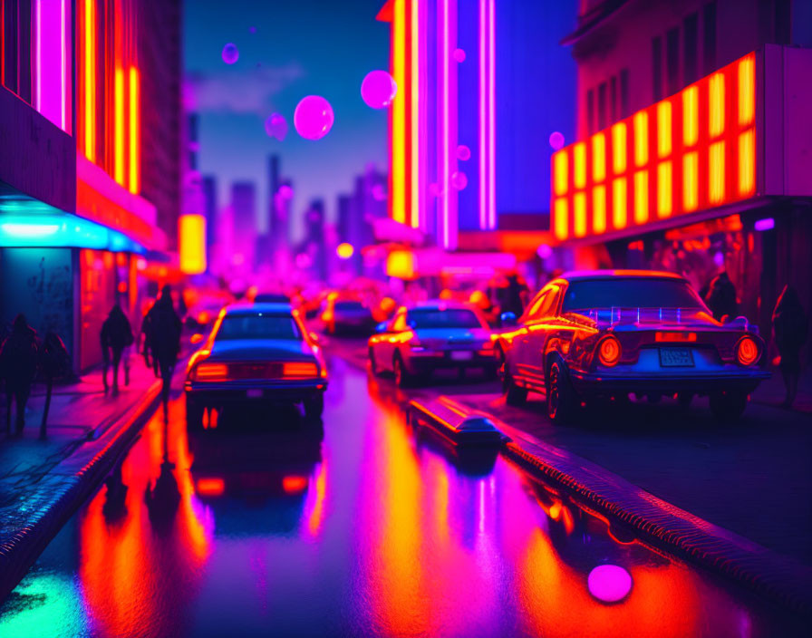 Vibrant Neon-lit Urban Street Scene at Night