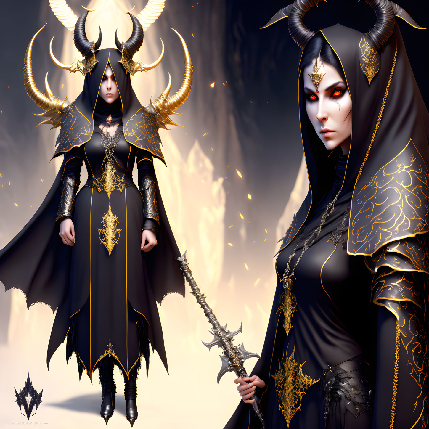 Fantasy character in black and gold armor with horns and stern expression before mystical flame