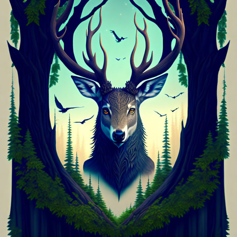 Symmetrical surreal artwork: stag with forest landscape and bird antlers