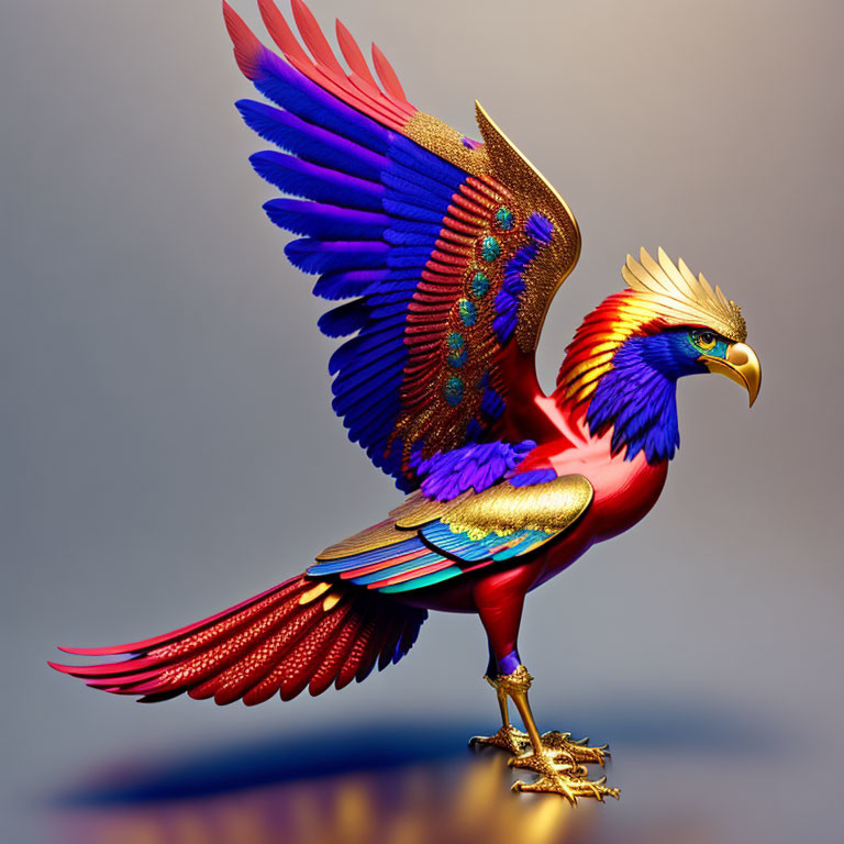 Colorful digital artwork of a vibrant eagle in red, blue, and gold plumage