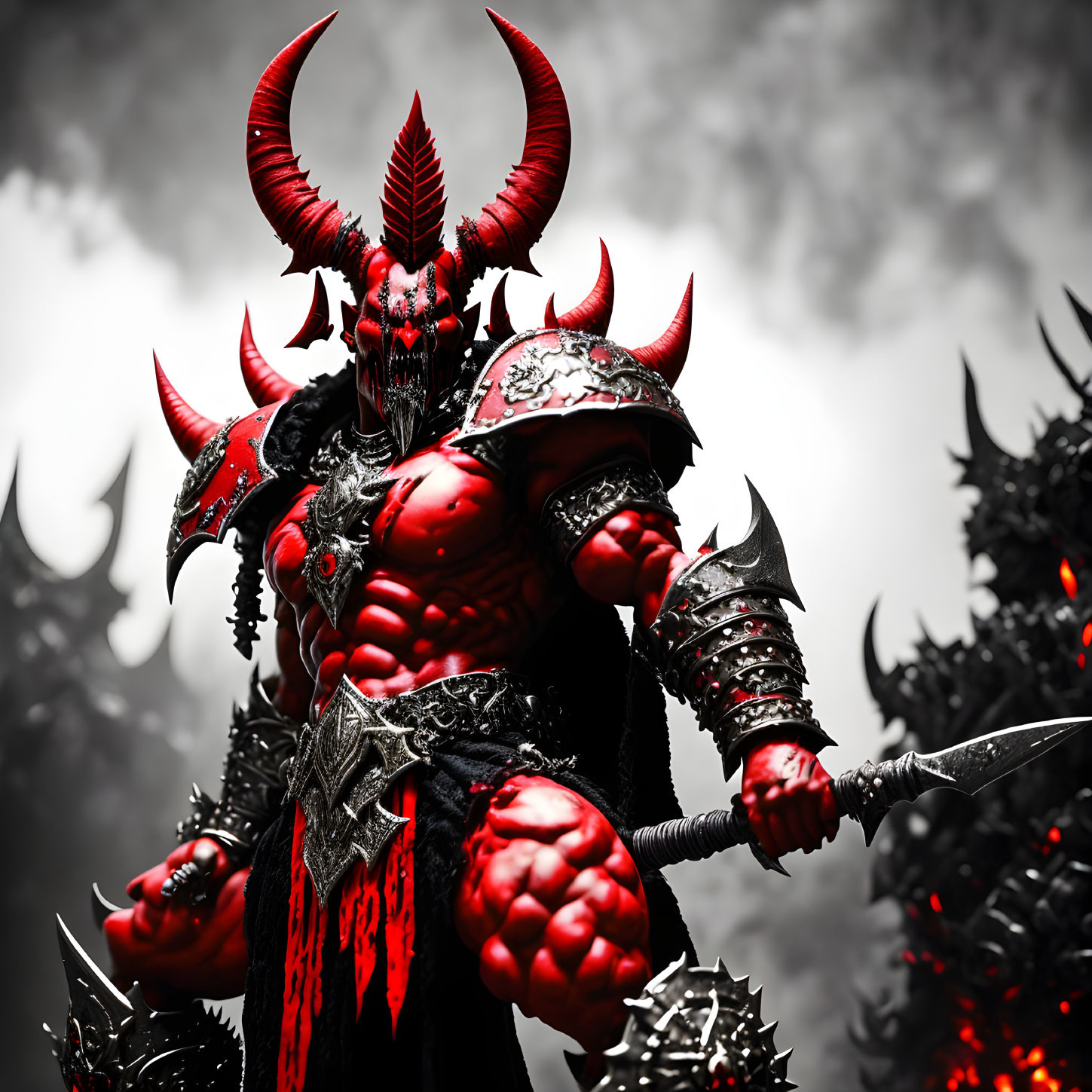 Red and black armored demon with spear in smoky scene