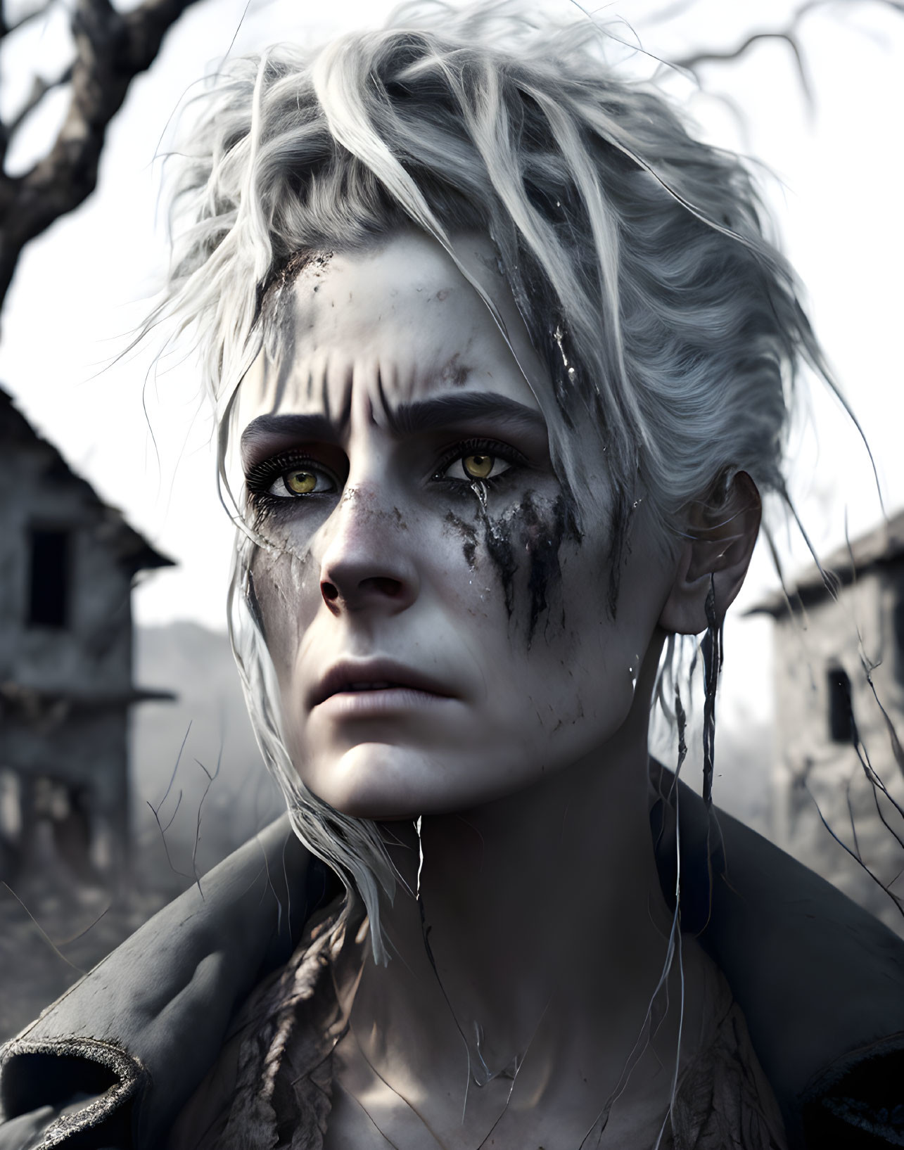 Digital artwork: Woman with white hair and black smudges, intense gaze on bleak background