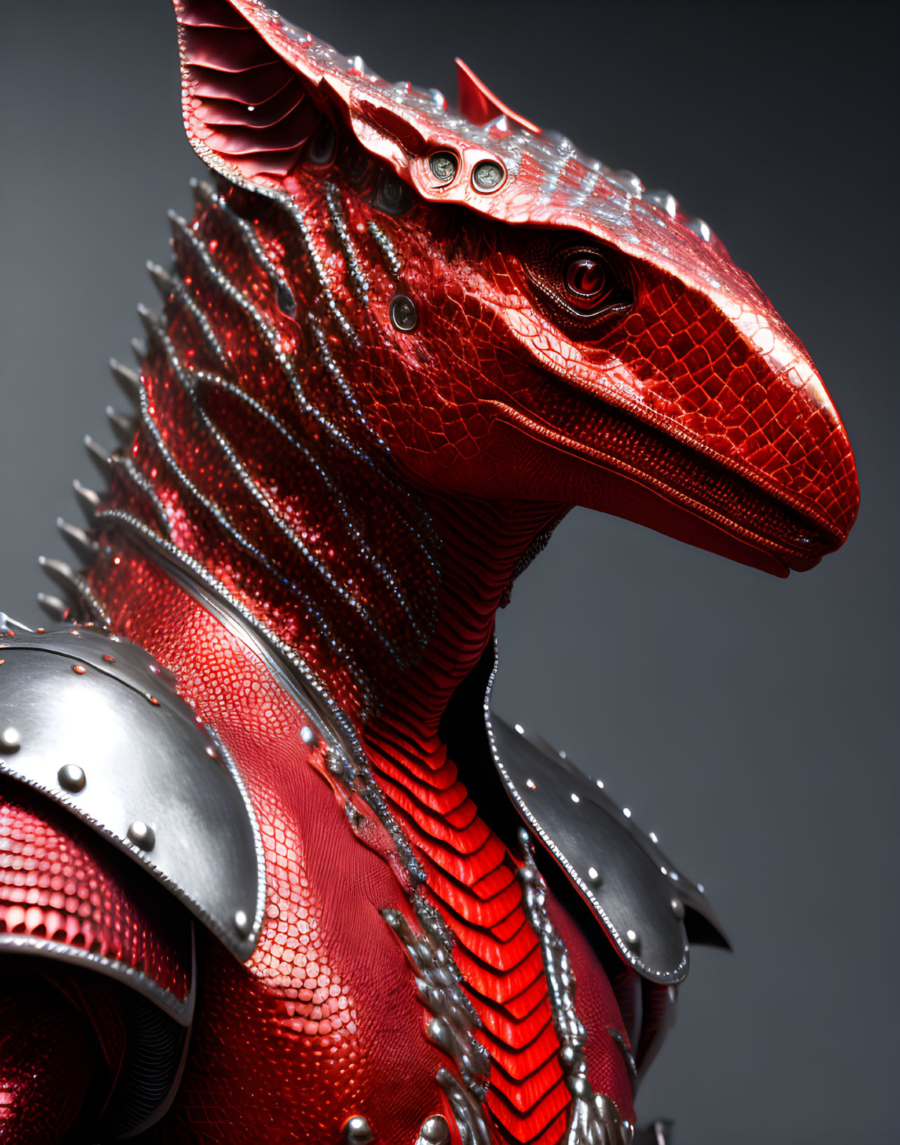 Detailed 3D Red Dragon Head Illustration with Metallic Armor Plates on Grey Background