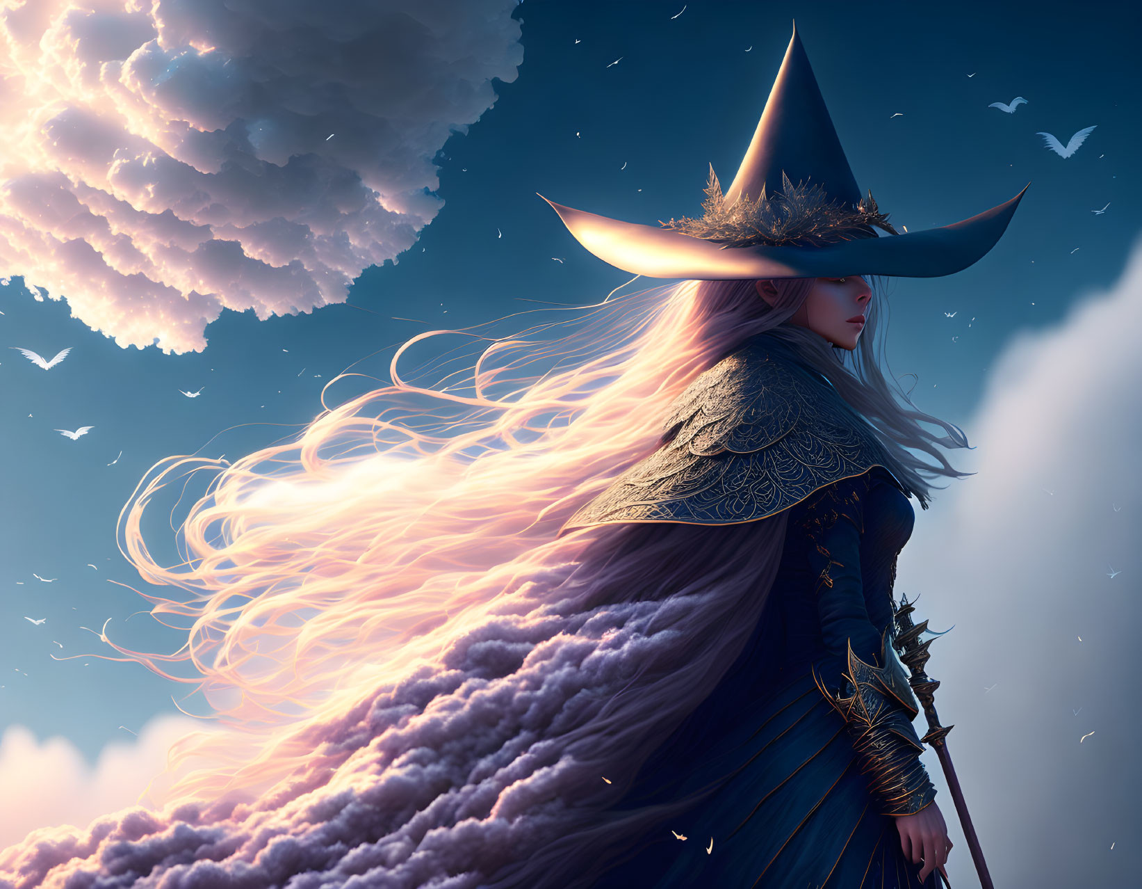 Mystical witch with flowing hair on clouds at dusk