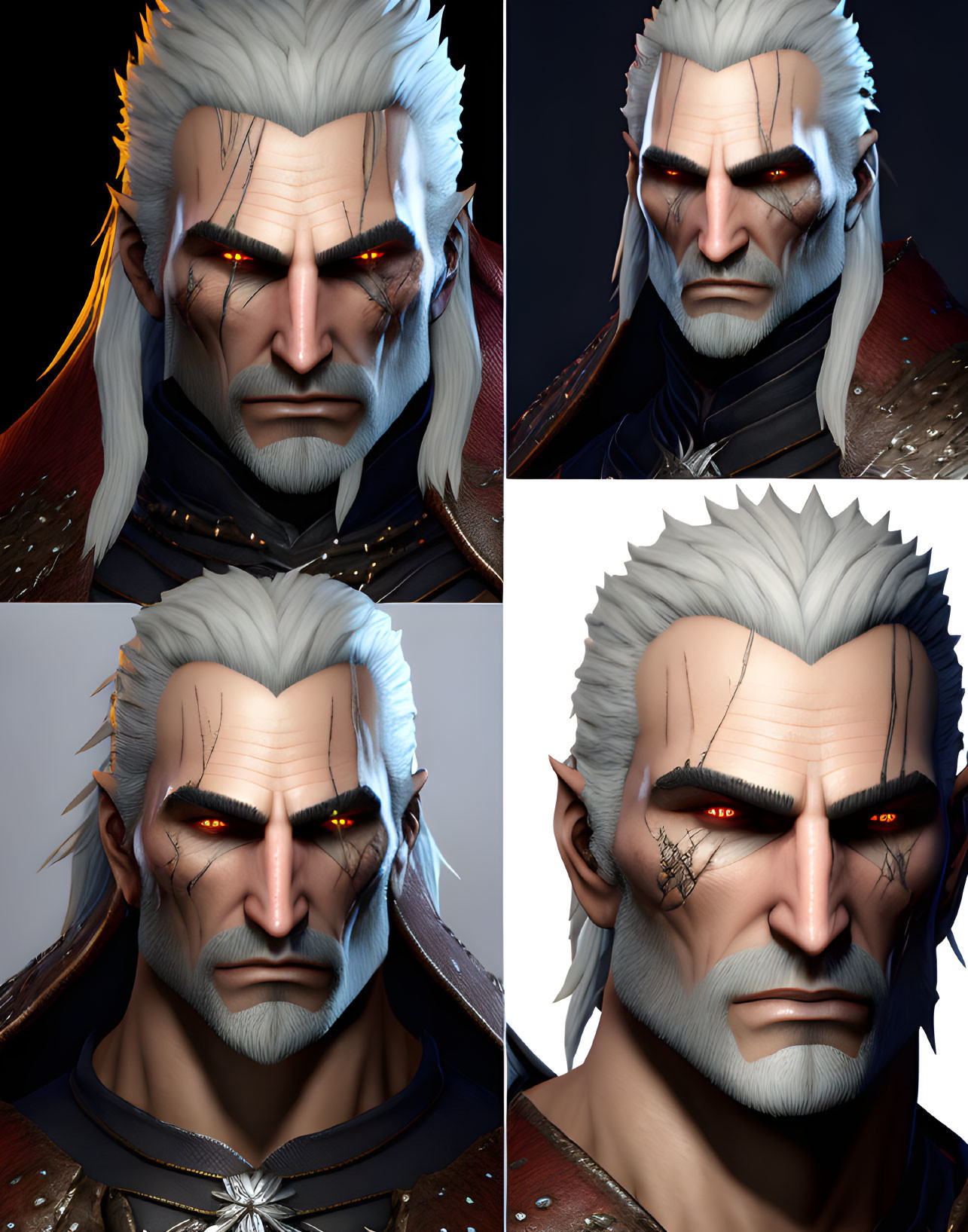 Stylized male character with white hair and scars displaying four facial expressions.