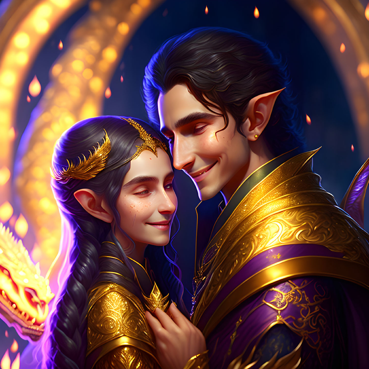 Stylized elves in gold attire embrace in magical setting