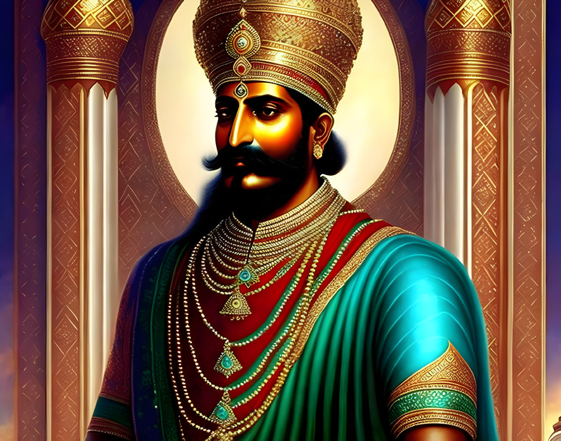 Regal bearded man in traditional attire with crown and jewelry against ornate pillars