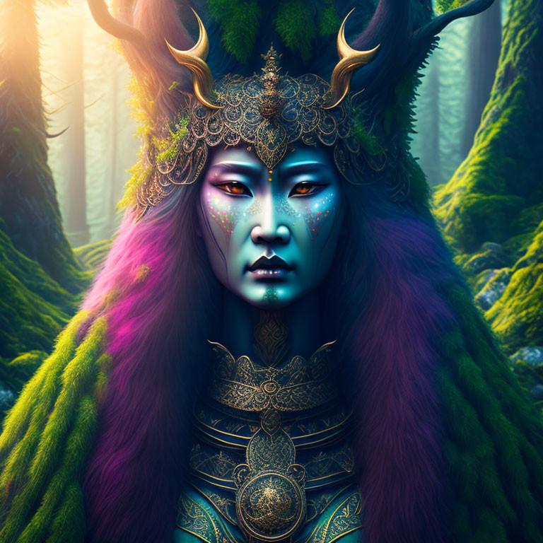 Mystical figure with horns in enchanted forest with vibrant colors