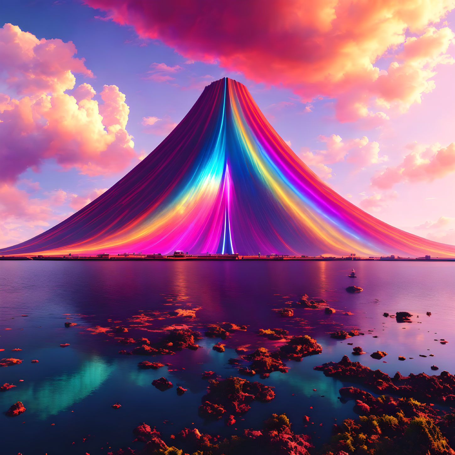 Colorful Rainbow Mountain Beside Coral-Filled Sea