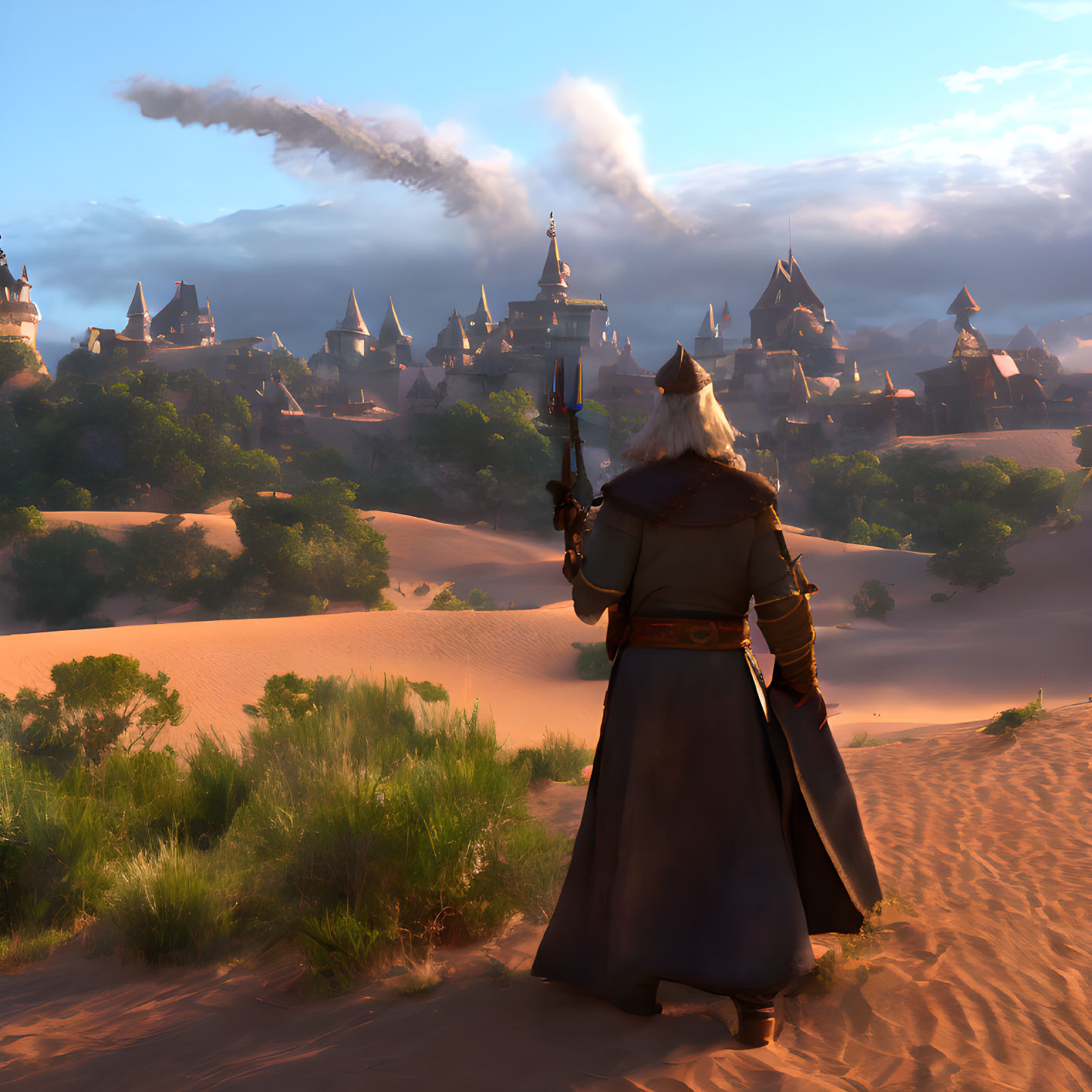 Medieval warrior in armor gazes at castle in desert landscape