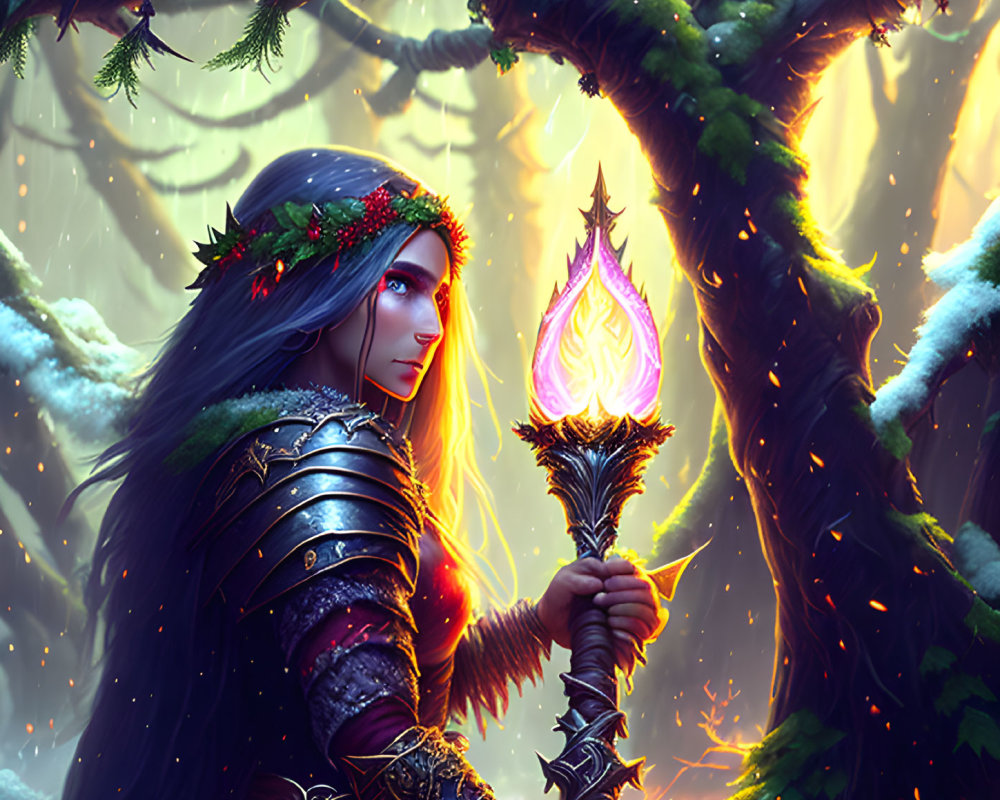 Ethereal elf in armor with fiery torch in enchanted forest