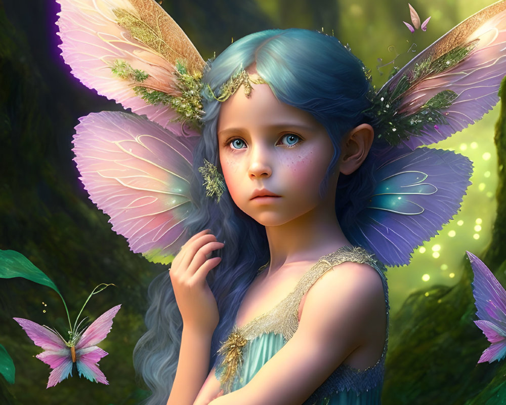 Whimsical fairy child with iridescent wings in forest with butterflies