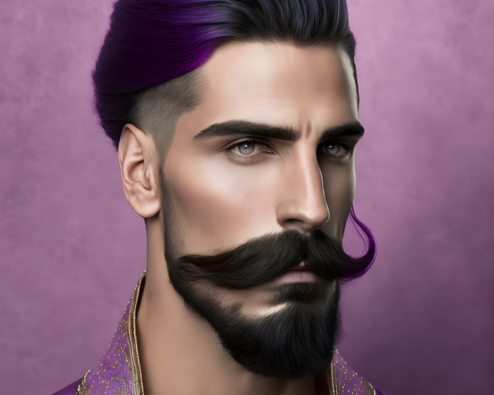 Man with Purple Hair, Curled Mustache, Blue Eyes, Purple Outfit