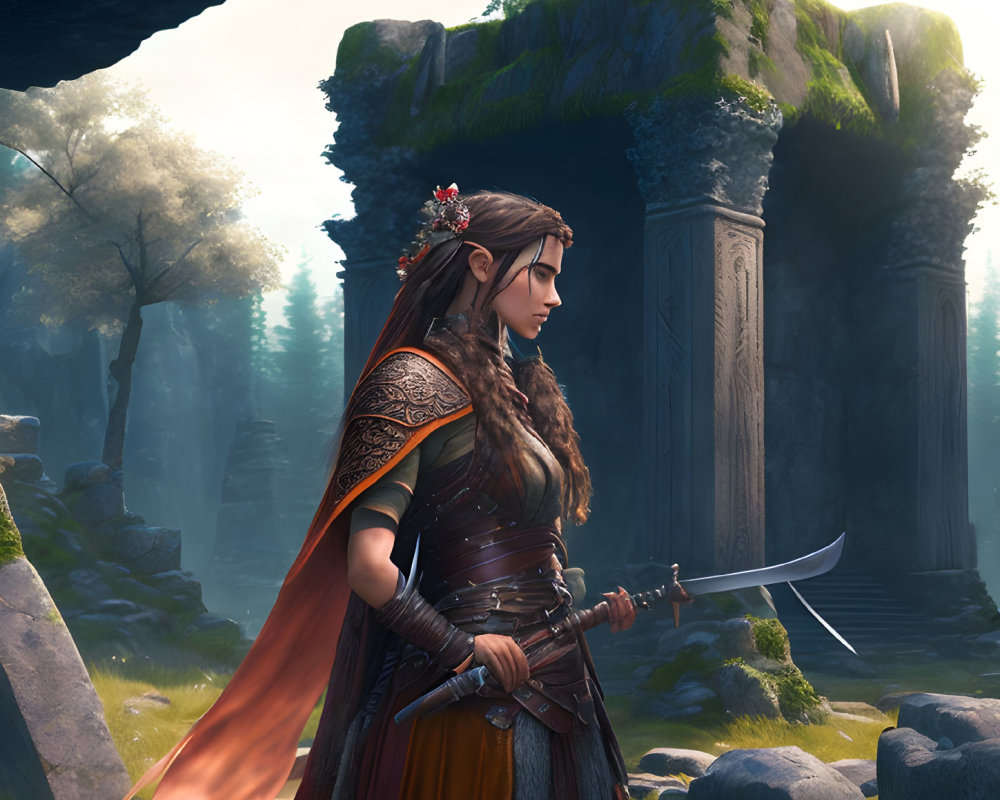 Warrior woman in brown armor with sword in forest setting