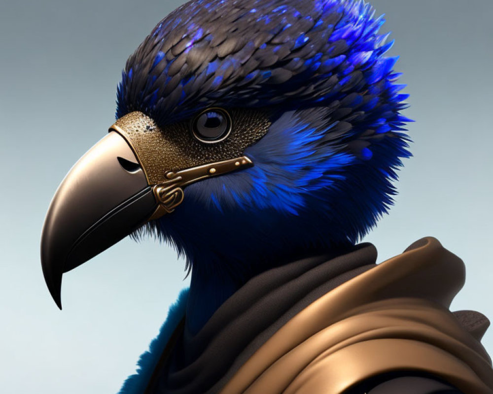 Anthropomorphized bird digital illustration with blue feathers, golden beaked mask, and brown cloak