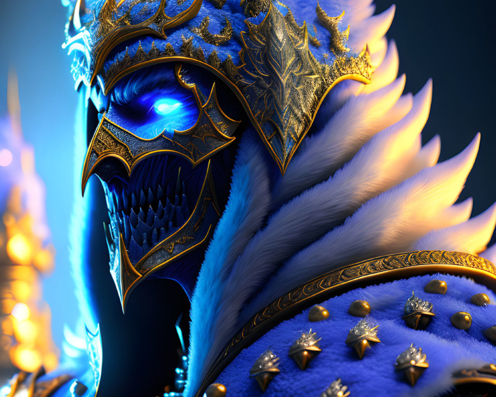 Fantasy armor design with blue feathers, golden spikes, and glowing blue-eyed mask