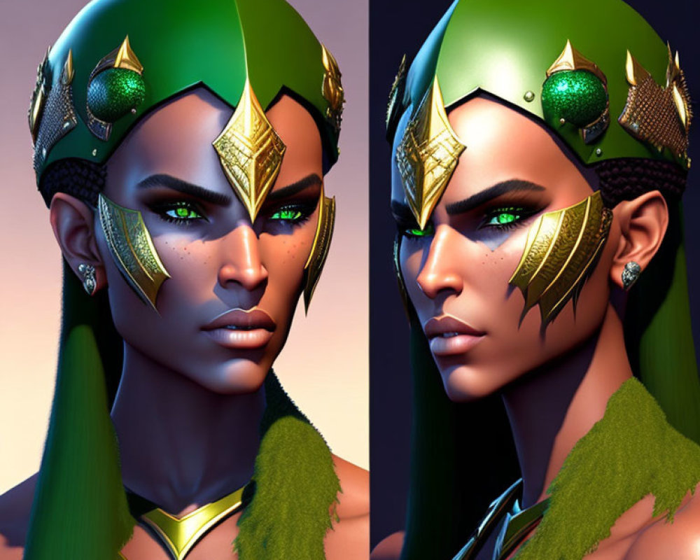 3D illustration of person with green skin and metallic green & gold helmet