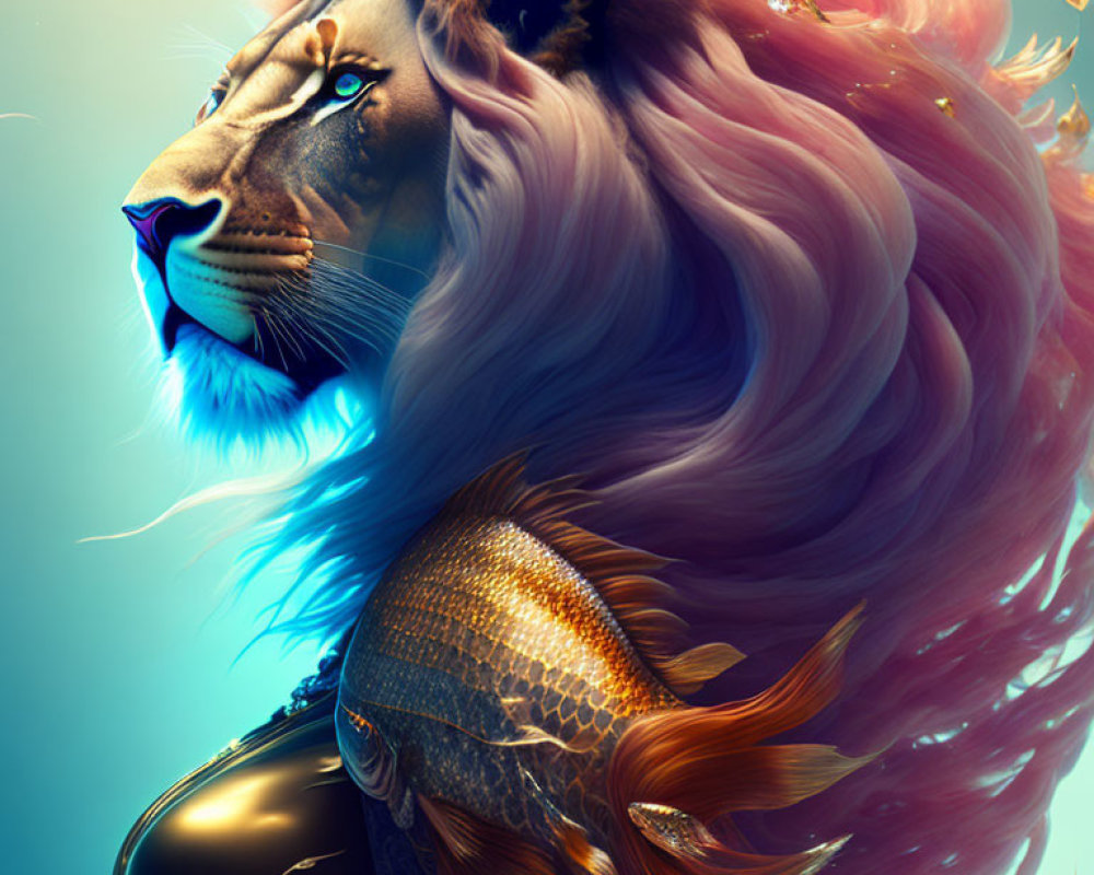 Surreal lion illustration with pink mane, blue-lit face, fish body, and musical instrument