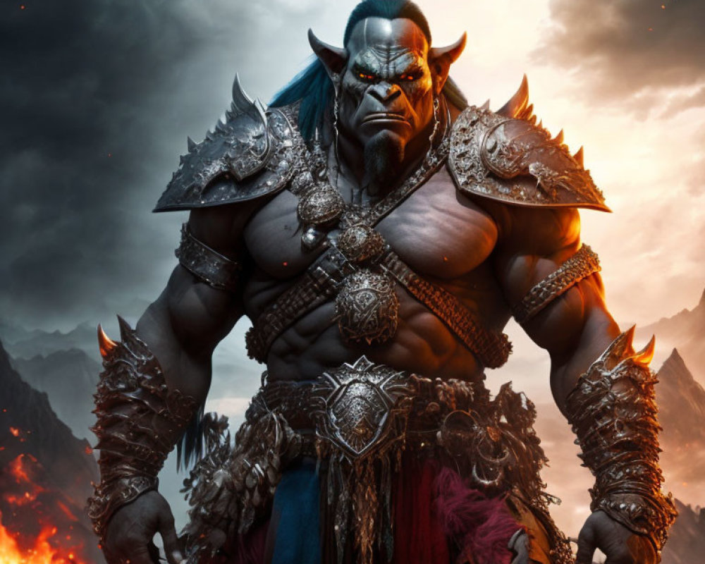 Blue-skinned orc in spiked armor against fiery backdrop