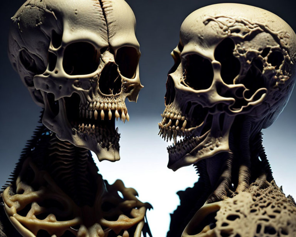 Detailed Anatomical Humanoid Skull Models Facing Each Other