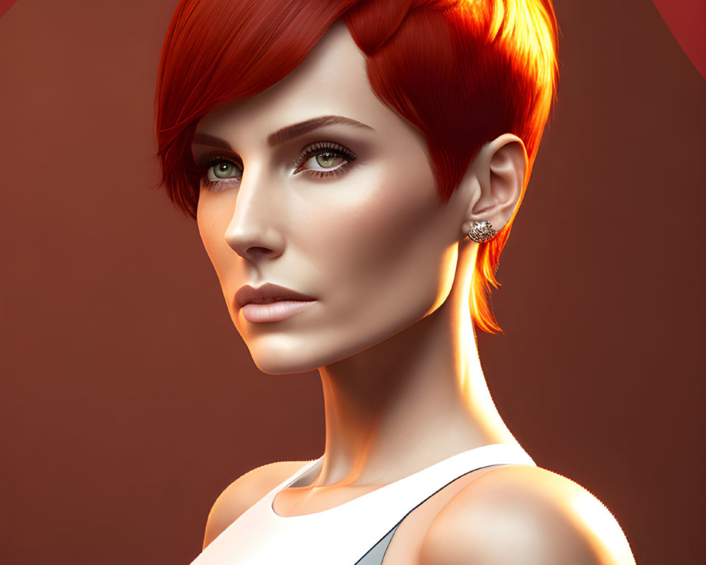 Vibrant red hair woman in sleek pixie cut with striking makeup