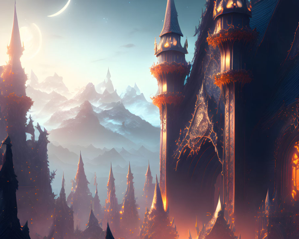 Mystical castle in twilight forest with crescent moons