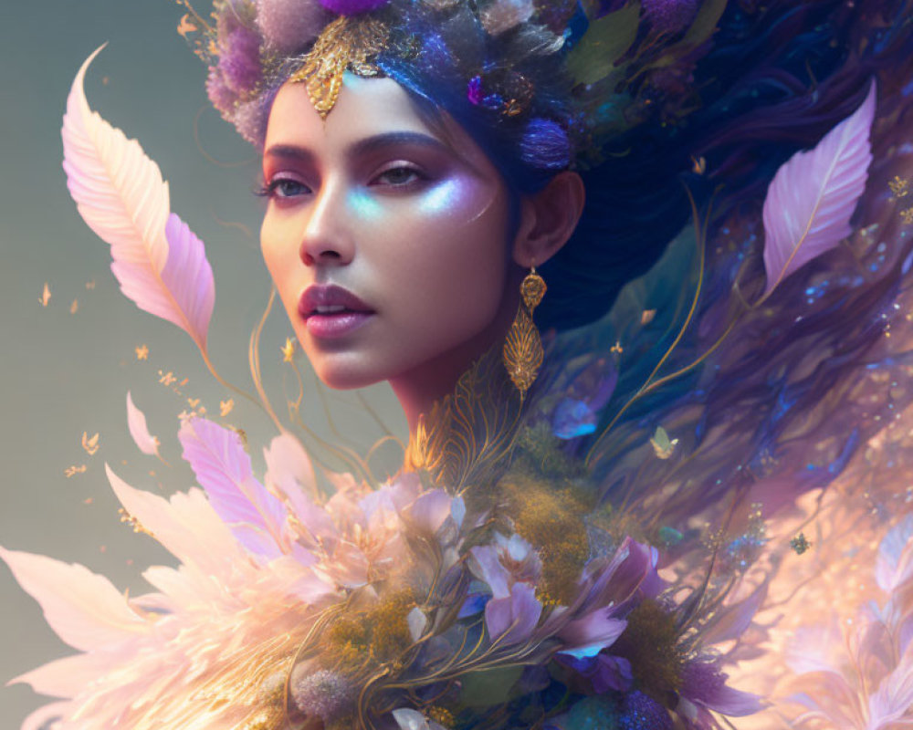 Person with Vibrant Feather and Floral Adornments: Ethereal and Regal Portrait