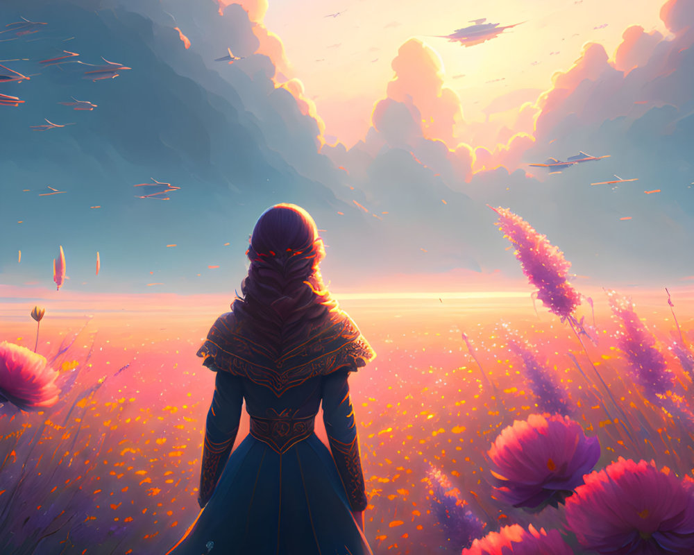 Person in Blue Cloak Stands in Field of Pink Flowers at Sunset