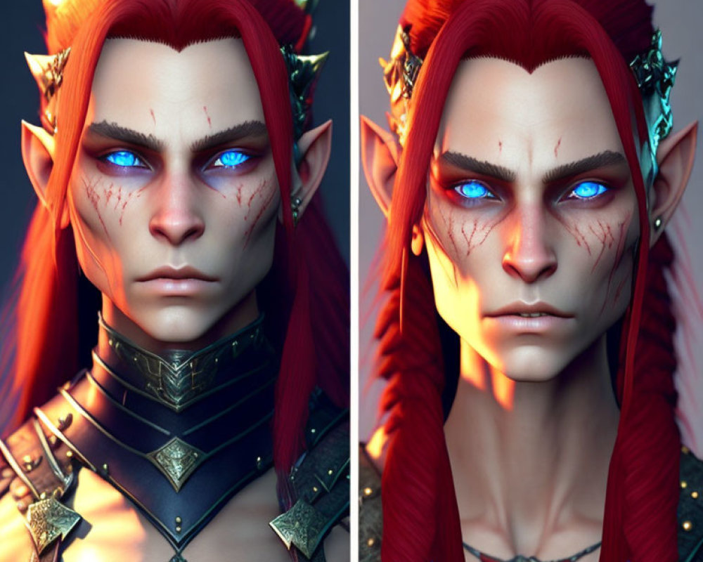 Fantasy character with pointed ears, red hair, and blue eyes in split image