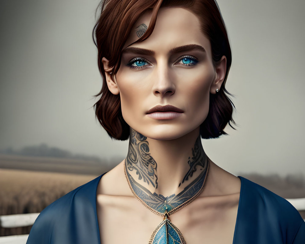 Digital portrait of woman with short brown hair, blue eyes, neck tattoo, and pendant in rural setting