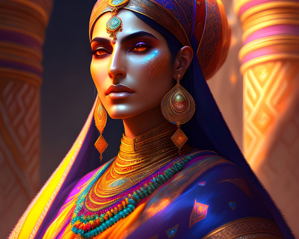 Colorful digital artwork of woman in traditional attire with intricate jewelry against ornate backdrop