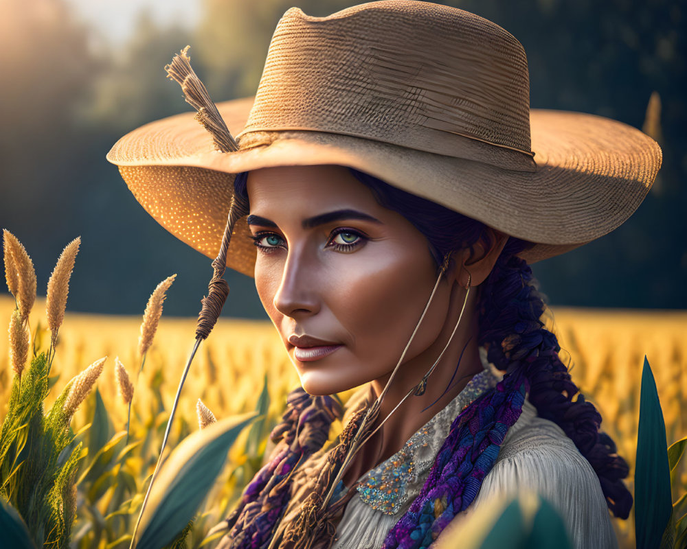 Braided Hair Woman in Cowboy Hat in Wheat Field at Sunset