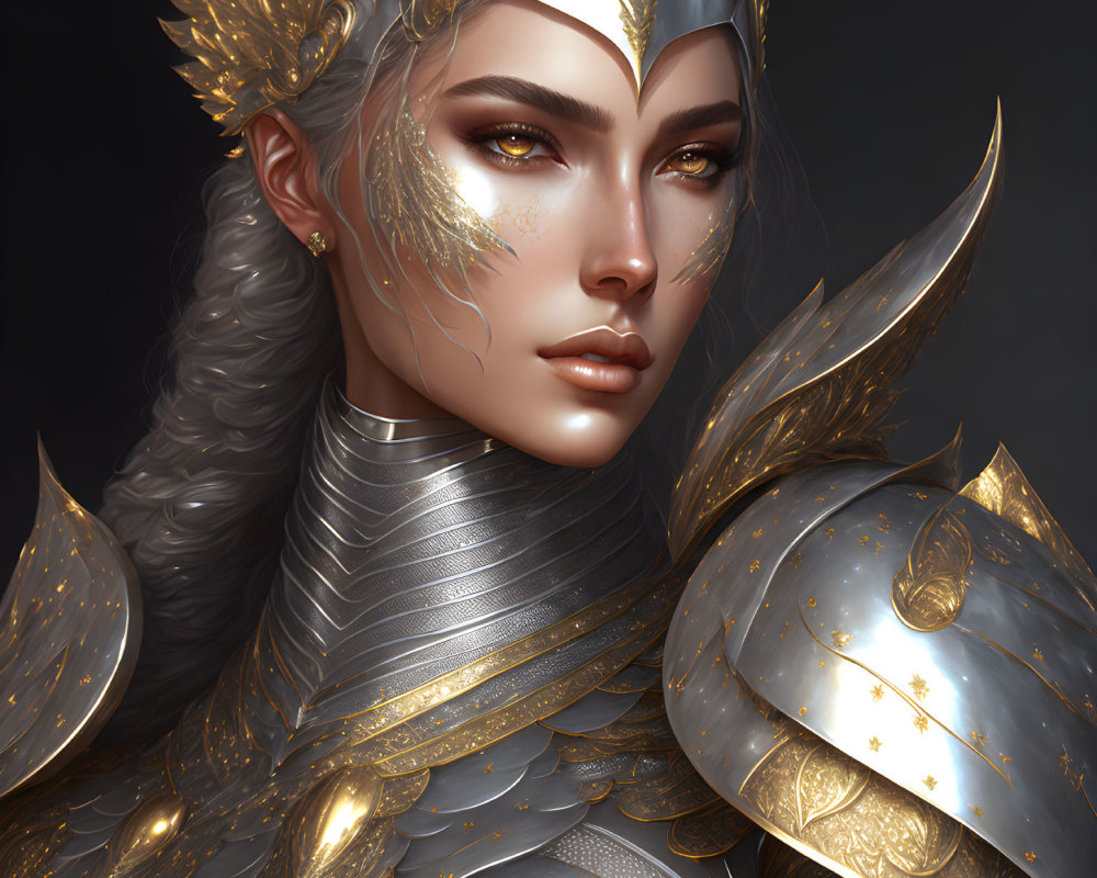 Golden-armored woman with intricate designs and regal aura.