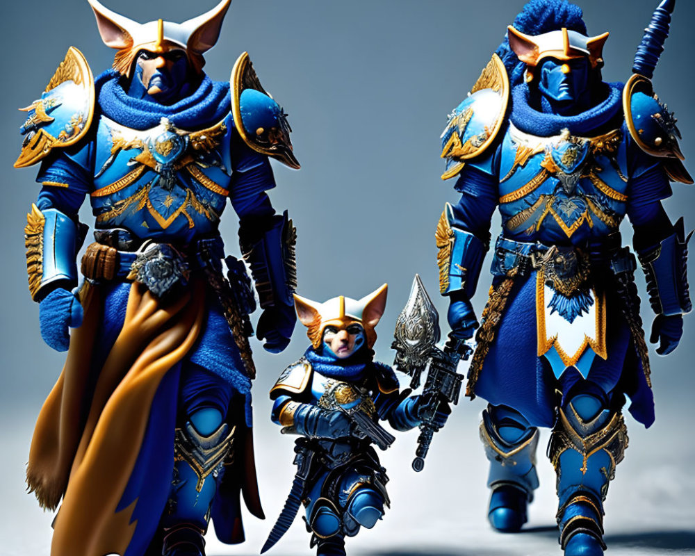 Detailed anthropomorphic warrior cat figurines in blue and gold armor, wielding weapons.