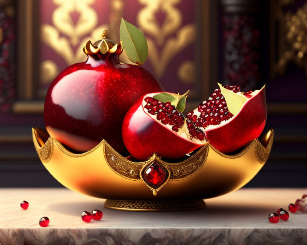 Golden crown on sliced pomegranate with seeds on table, purple background