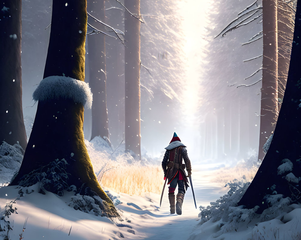 Person in Red Jacket Walking Through Snowy Forest in Soft Sunlight