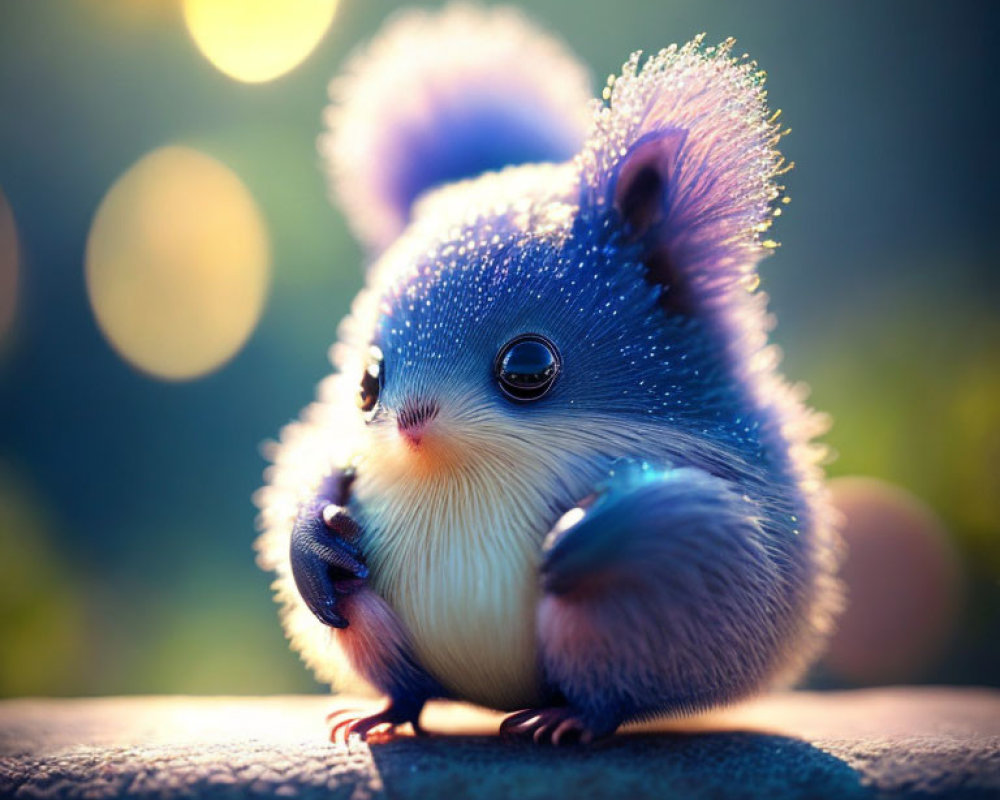 Digitally enhanced image of a tiny blue squirrel in golden sunlight